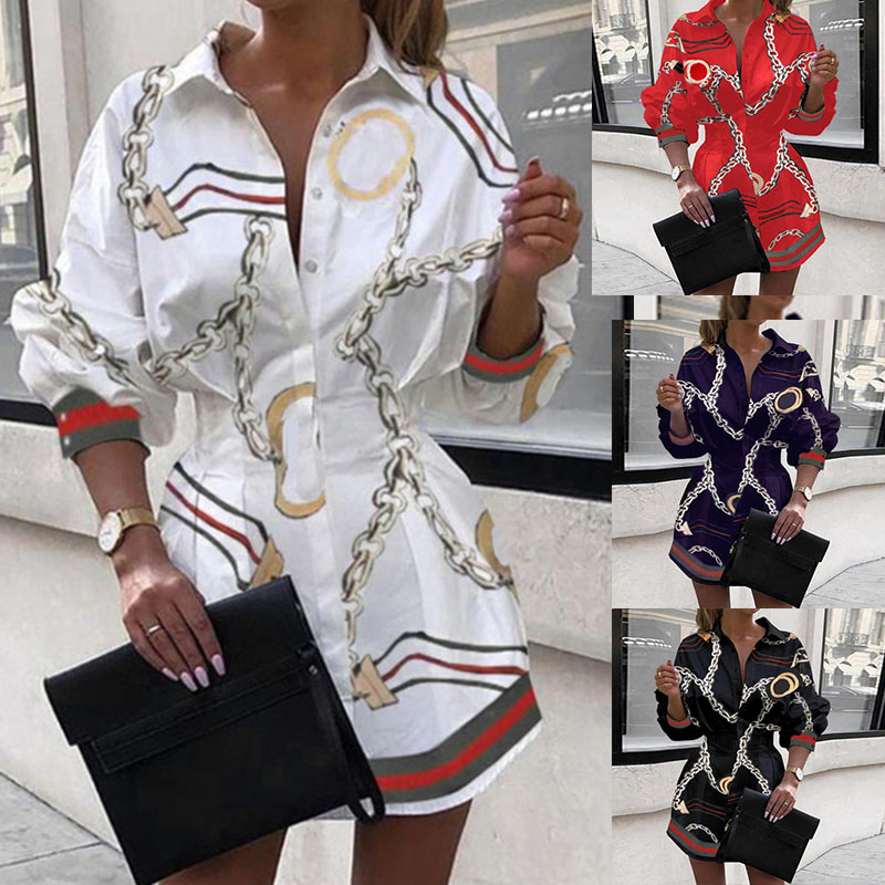 

Fashion Women Chain Print Shirt Dress Spring Autumn Lantern Sleeve Miini Dresses Laides Long Sleeve High Waist Party Dresses, White letter