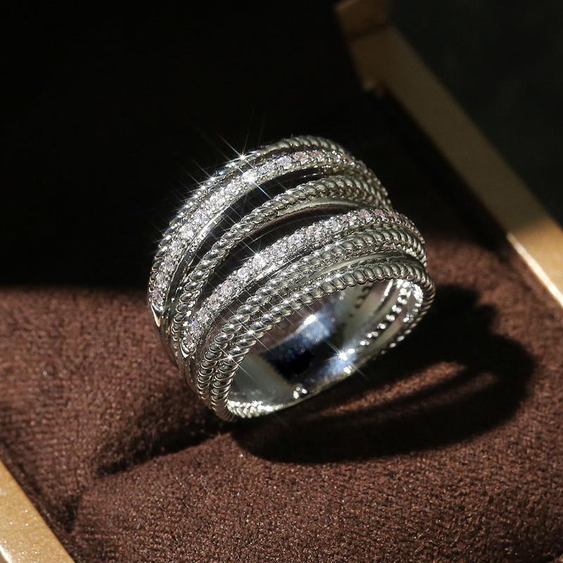 

Cluster Rings Winding Wide Ring For Women Multi-layer Cubic Zirconia White Gold Color Female Gift Fashion Accessories Wholesale Jewelry KAR1, Golden;silver