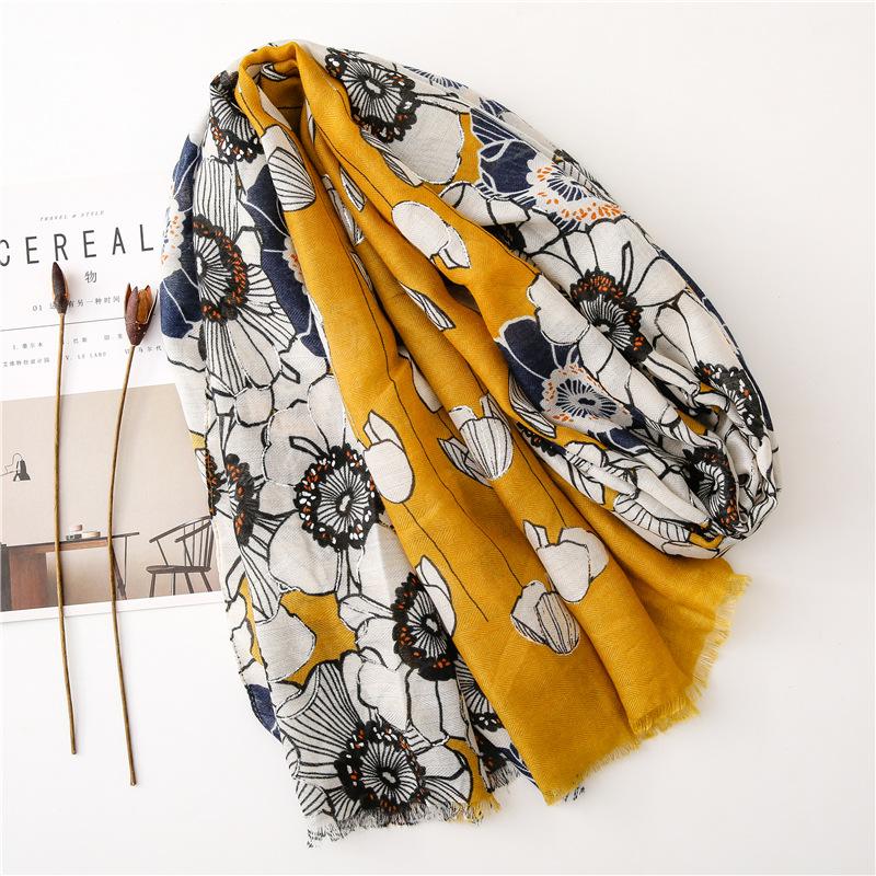 

Scarves 2021 Fashion Autumn Women Viscose Scarf Polka Floral Print Tassel Beach Hijab Shawls And Wraps Female Foulards Patchwork, Blue;gray