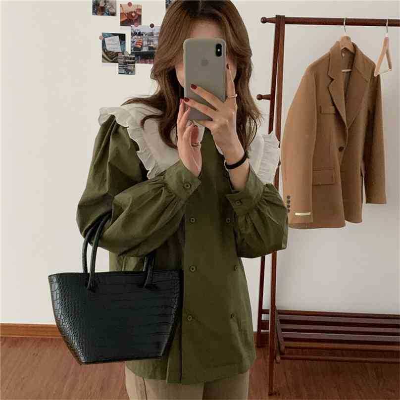 

All Match Vintage Color-Hit Stylish Lantern Sleeves Chic Elegance Sweet Korean Retro Shirts Women Blouses 210525, Green