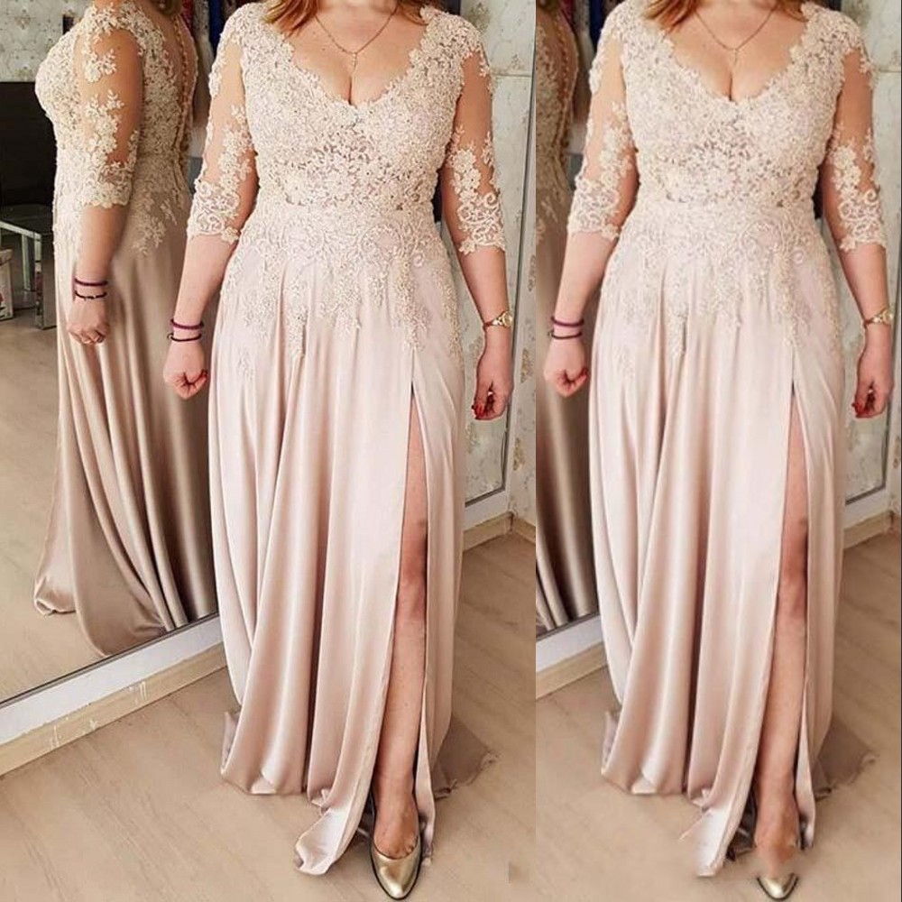 

2021 Arabic Sexy Mother Of The Bride Dresses High Split V Neck Evening Dress Long Sleeves Lace Appliques Plus Size Party Prom Gowns