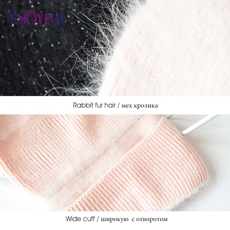 

ENJOYFUR Winter hats for women warm long rabbit fur hair female caps fashion solid colors wide cuff young style beaniesg, 01