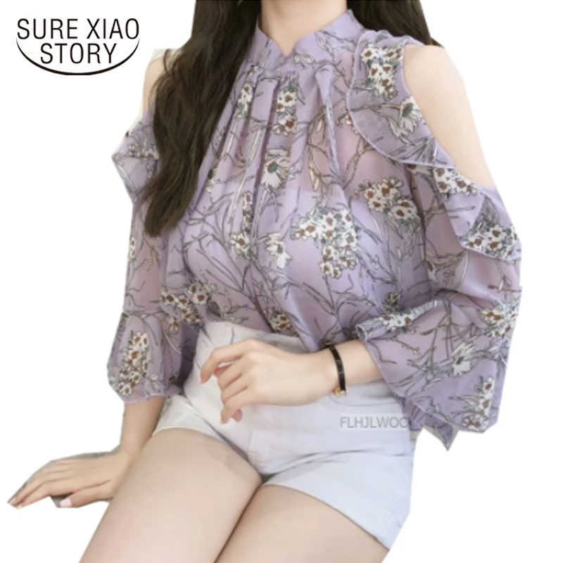 

Chiffon Blouse Shirts Women Tops Korean Design Purple Black Chiffon Floral Printed Sexy Open Off Shoulder Tops Blouse 14301 210527, Lavender