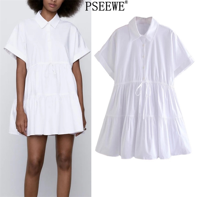 

Bow White Short Dresses Women Casual Sleeve Woman Summer Loose Adjustable Waist Ruffle Mini 210519