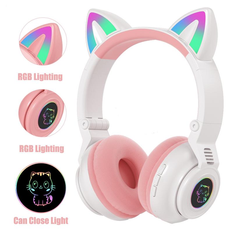 

Headphones & Earphones Pink Girls Cute Cat Wireless With RGB LED Flash Microphone Stereo Music Gamer Helmet Kids Bluetooth Gaming Headsets