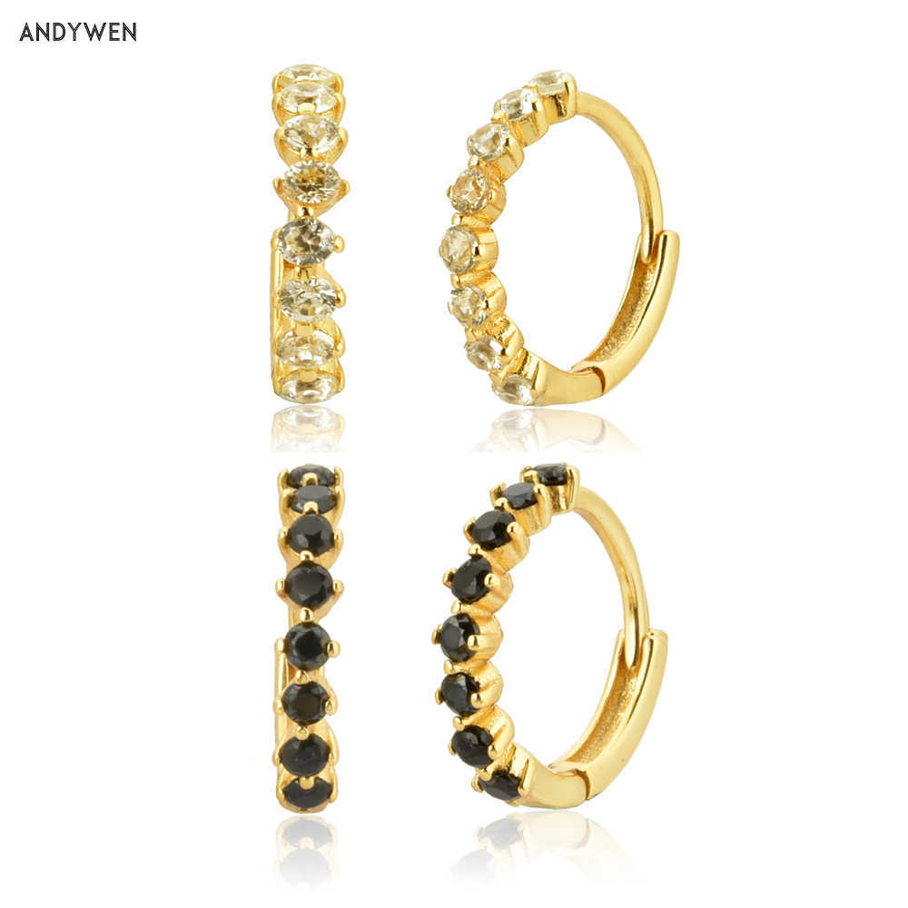 

ANDYWEN 925 Sterling Silver 9.5mm Pendiente Crystal CZ Hoops Rainbow Luxury Women Circle Round Black Earring Jewelry 210608