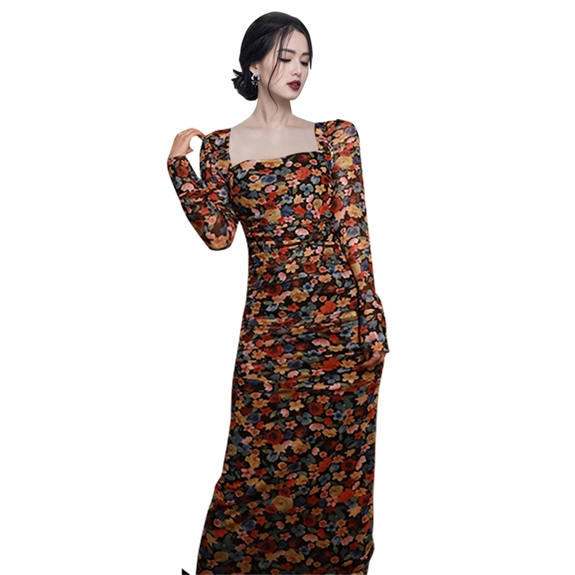

Maxi Print Dress korean ladies Sexy Long SLeeve square Neck tight elegant flower party Dresses for women clothing 210602, Mixed color