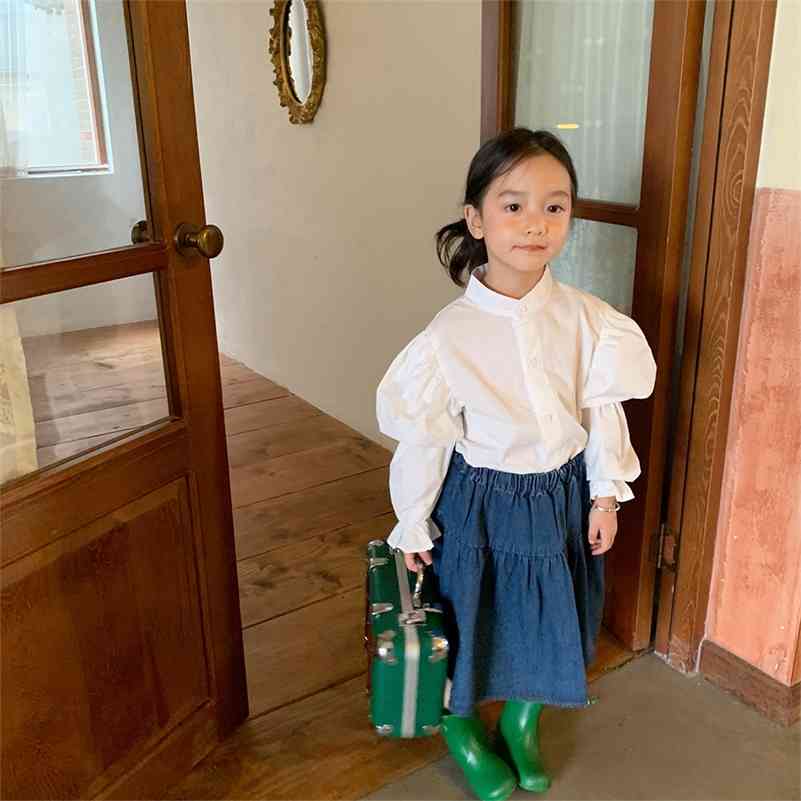 

Girls white cotton fashion puff sleeve shirts 2-7 years kids thin all-match base long shirt 210708