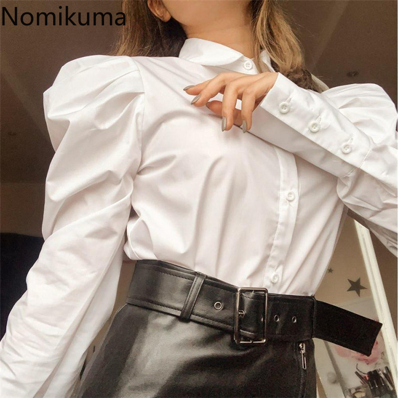 Nomikuma White Puff Sleeve Tops for Women Fashion Elegant Turn-down Collar Blouses Korean Spring New Blusas Mujer 6F382 210427
