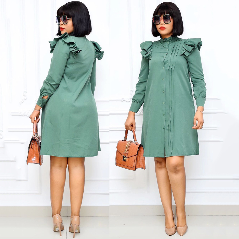 

2021autumn long sleeve shirt dress fashion high collar office lady shirt dress women elegant solid pleated party clothes outfits, Red