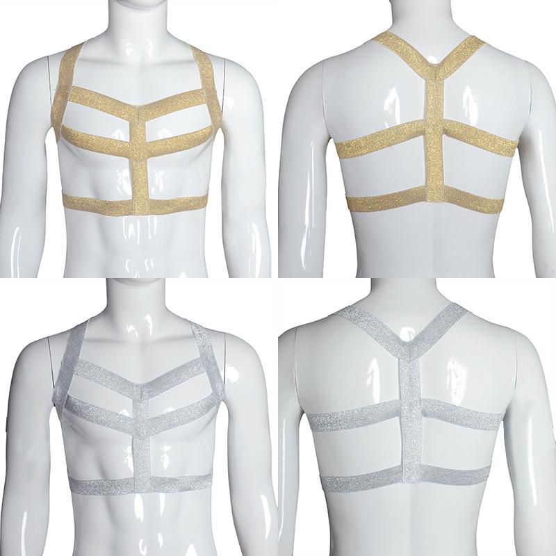 

Bras Sets Sexy Men Body Chest Harness Male Elastic Bling Strap Stage Costume Clubwear Bondage Streetwear Silver Gold Gay Tops, Red;black