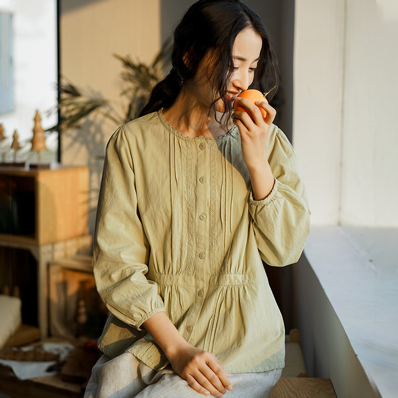 

Johnature Women Vintage Shirts Patchwork Blouses Button Spring O-Neck Long Sleeve Women Casual Shirts Korean Style Top 210521, White