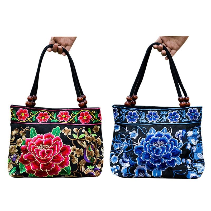 

Evening Bags 2PCS Chinese Style Women Handbag Embroidery Ethnic Summer Fashion Handmade Flowers Ladies Tote Shoulder Cross-Body (Red Peo, Beige