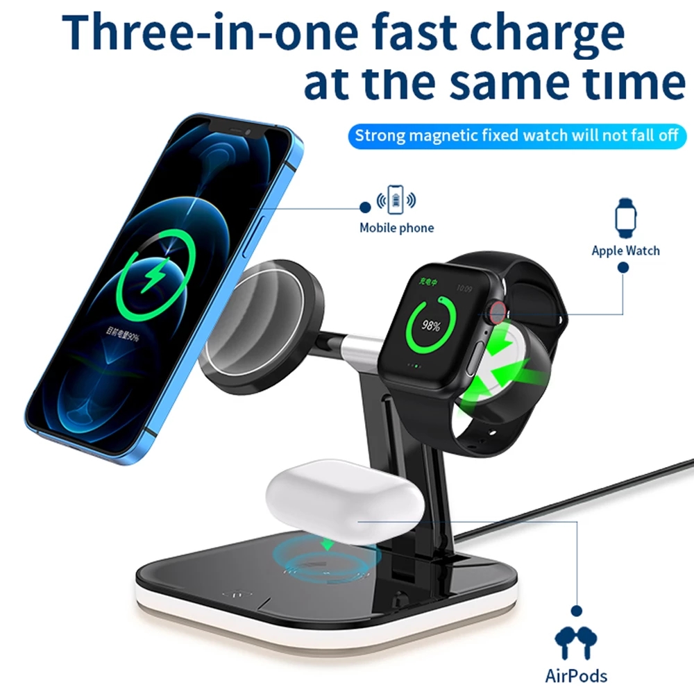 

3 In 1 Magnetic Wireless charger Stand 15W Fast Charging Dock Station For Watch Cell Phone Headset Series
