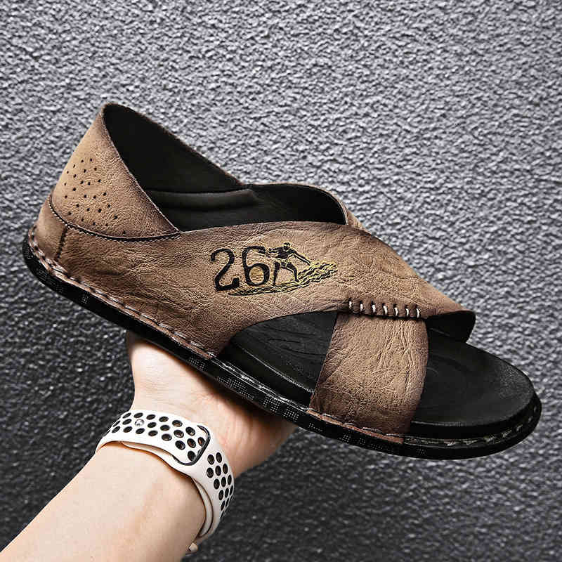 

Slippers Large size men's sandals summer leisure wear fashionable leather slippers soft soled beach shoes PVOL, 1# shoe box