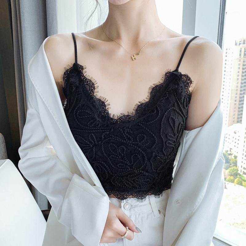 

European And American Style Sexy Lace Beautiful Back Camisole Underwear Women With Chest Pads Small Gathered Tube Top Camisoles & Tanks, White