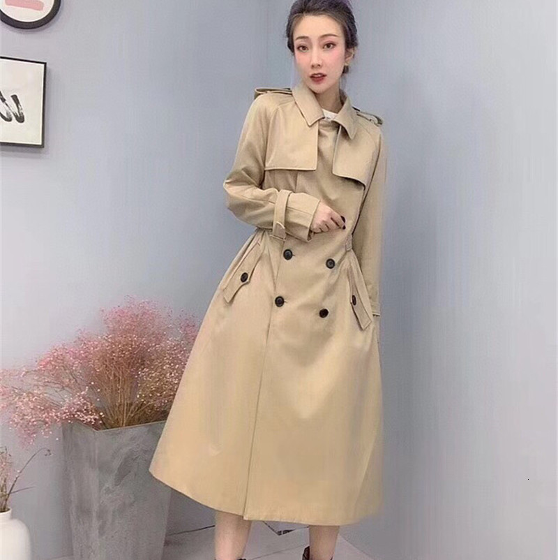 

Women's Jackets Brand Design 2021 Fall /Autumn Casual Double breasted Classic Long Trench coat with belt Chic Female windbreaker V, Khaki