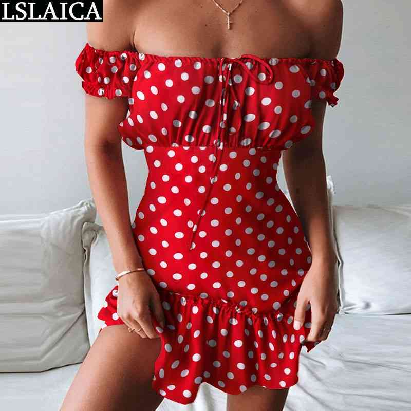 

Sexy dress women Dot print red off the shoulder elegant wild summer short female backless evening party club ladies 210520