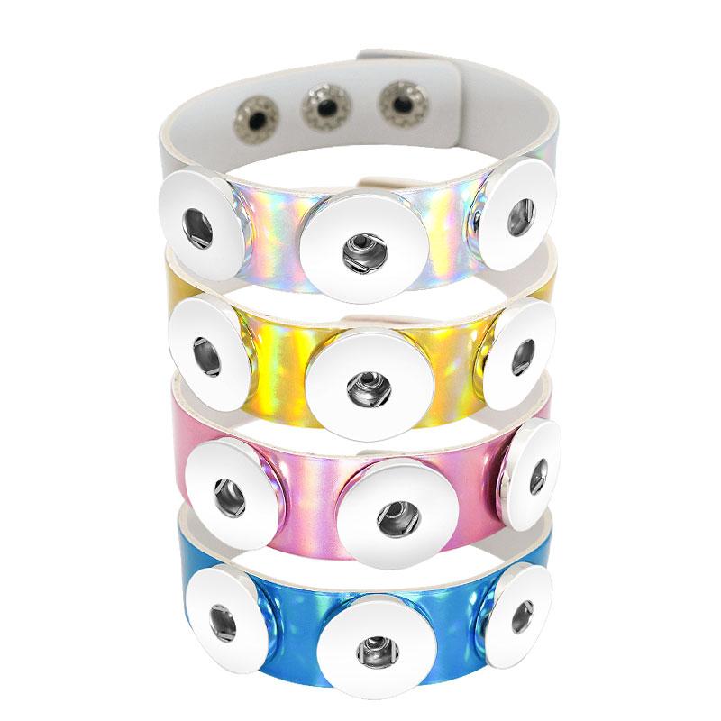 

Charm Bracelets Beauty Colorful Reflective Leather Snap 19cm Fit 18mm Buttons Jewelry Wholesale SE0202