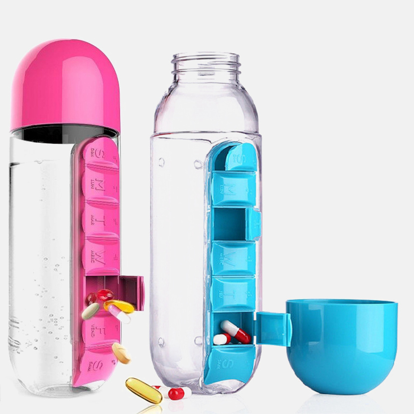 

600ML Water Bottle With Pillbox Plastic Drink Bottles Medicine Pills Box Travel 7 Days pill Organizer Drinking Container sea ship LLA6688