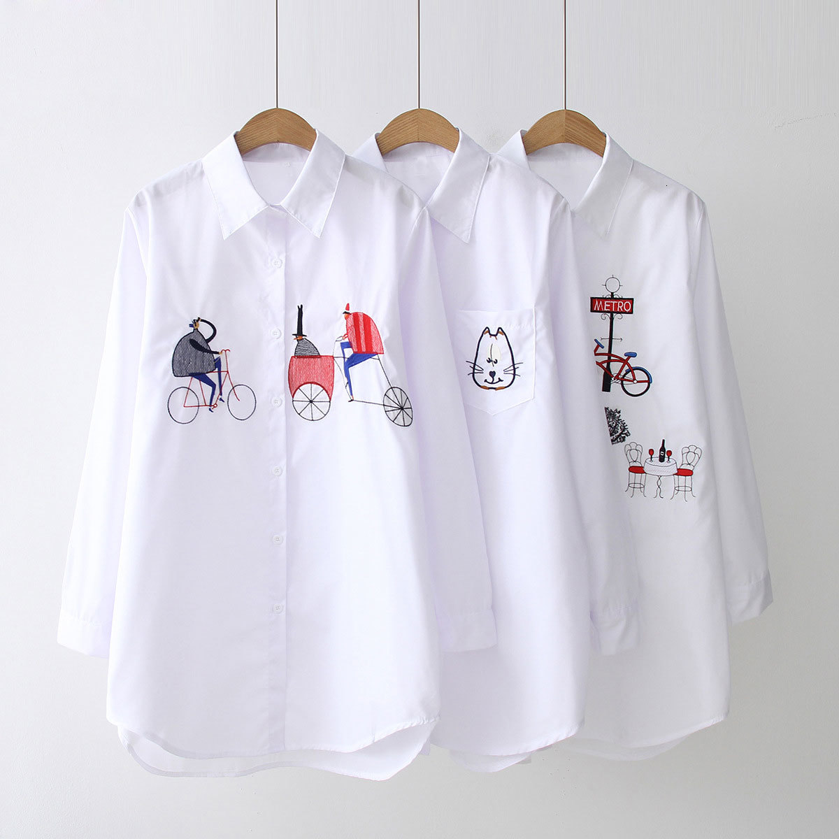 

Women' Blouses & Shirts White Shirt Casual Button Up Turn Down Collar Female Long Sleeve Cotton Women Embroidery Harajuku C34Y, Pattern 1