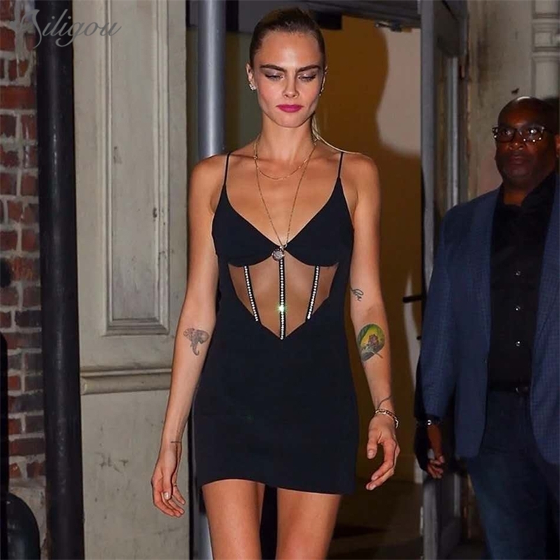 

Crystal Embellished Bandage Dress Mesh Hollow Black Bodycon Celebrity Nightclub Party 210525