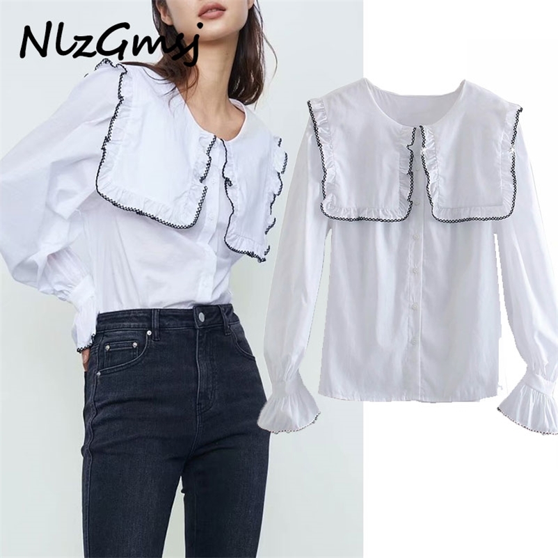 

Blouse Women White Shirt Peter Pan Collar Ruched Drawstring Single-breasted Long Sleeve Solid 210628, As picture