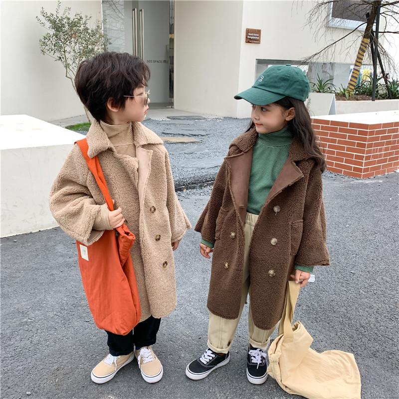 

Coat Winter Children Fur Integration Thicken Warm Long Style Trench Coats Boys Girls Solid Color Casual Oversized Lamb Wool Jackets, Khaki