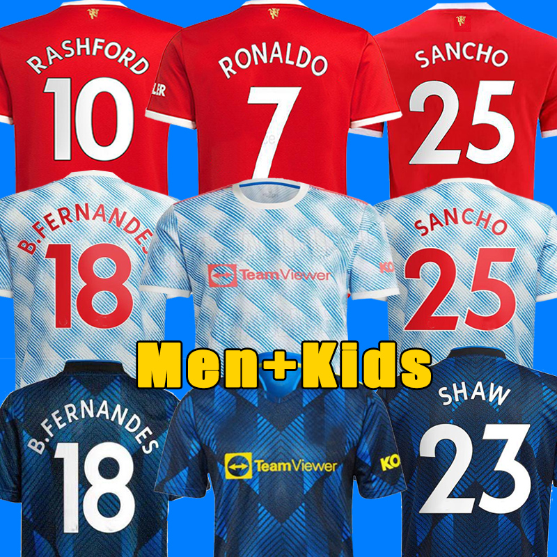 

21 22 RONALDO SANCHO RASHFORD jerseys 2021 2022 MANCHESter POGBA CAVANI SHAW VAN DE BEEK B. FERNANDES LINGARD UNITED GREENWOOD UTD soccer football shirt man kids kit, 21/22 away+patch