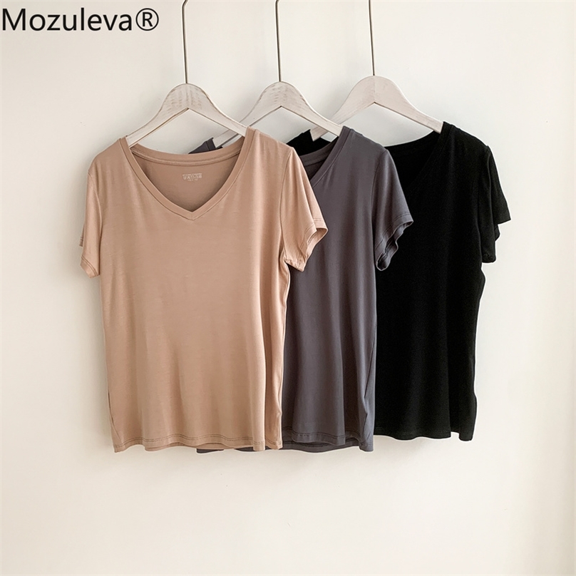 

Mozuleva Summer Casual V-neck Solid Color Women T-shirt Short Sleeve Loose Female Basic Tops Shirt Ladies Tees 100% Cotton 210720, Black