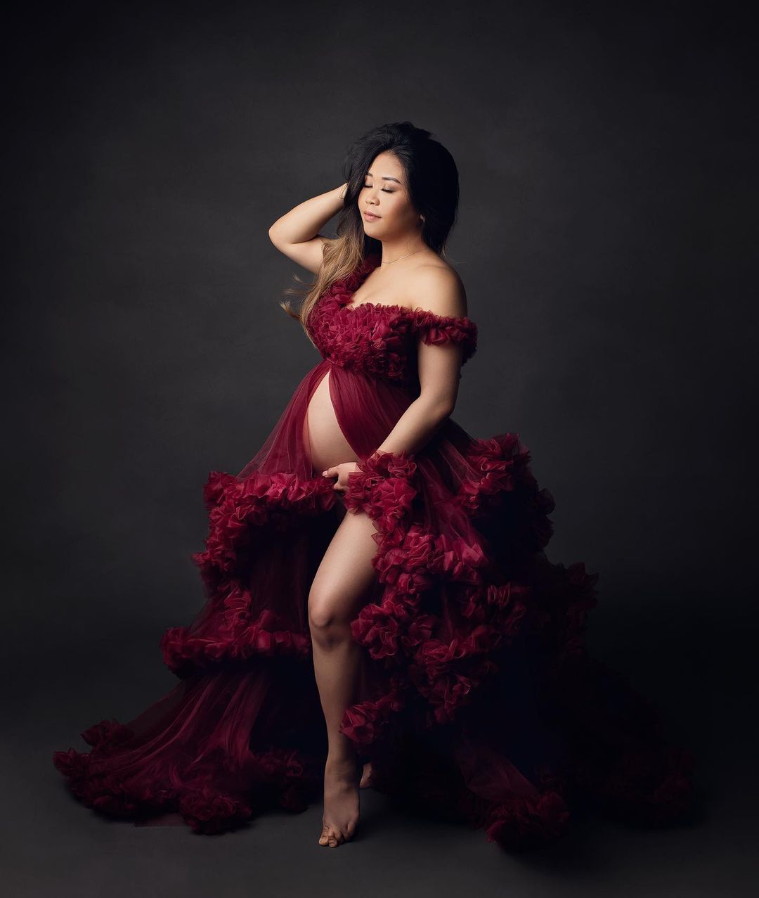 

Burgundy Ruffles Maternity Dress Robes for Photo Shoot or Baby Shower Chic Women Prom Gowns Long Sleeve Photography Robe Pregnacy, Dark navy