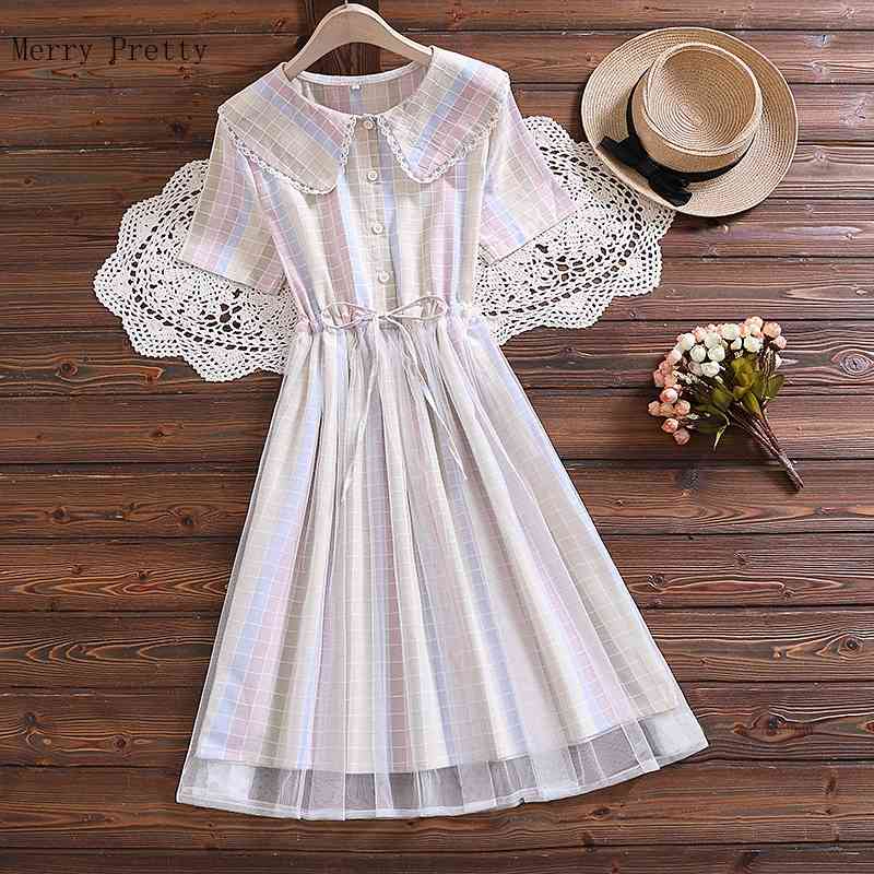 

Merry Pretty Preppy Style Summer Women Cotton Dress Peter Pan Collar Plaid Lace Up Short Sleeve Kawaii Tulle Female 210526, As the photo