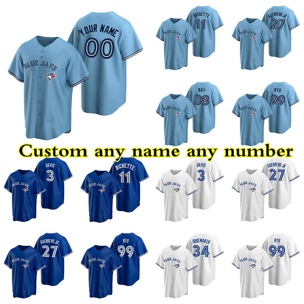 

Custom Toronto Blue Jays jersey 27 Vladimir Guerrero Jr. 11 Bo Bichette 4 George Springer 49 Jonathan Davis any name or number jerseys, Blue;black