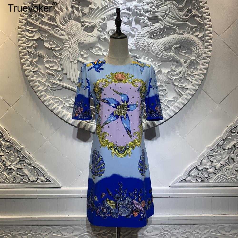 

Truevoker Summer Runway Fashion Dresse' Short Sleeve Luxury Crystal Diamond Shell Print Vintage Vestidos 210602, Blue
