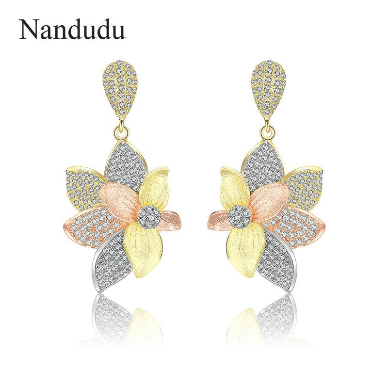 

Dangle & Chandelier Nandudu Flower Earrings For Women Three Tone Gold Wedding Party Jewelry Gift Elegant CZ Romantic Drop Earring CE524, Silver