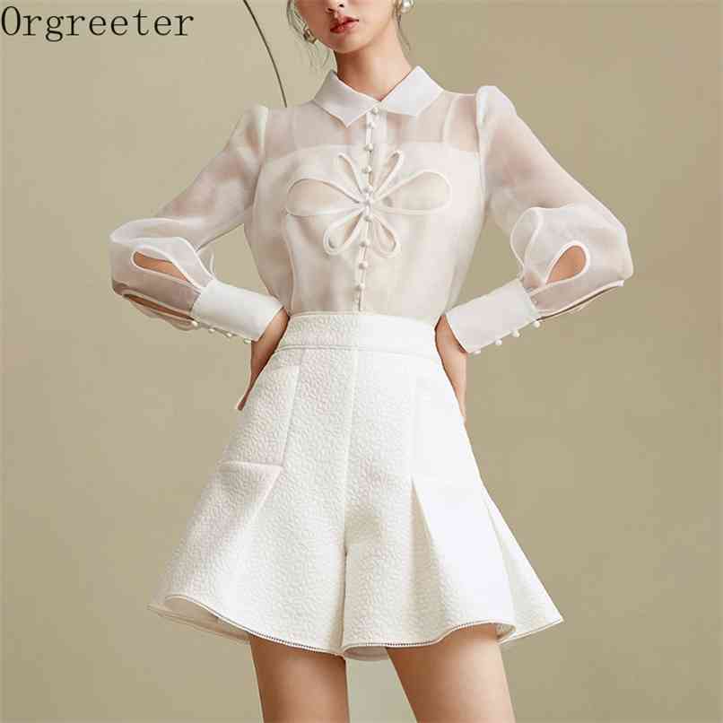 

Fashion Hollow Flower-shaped Organza Shirt Two piece set Temperament Long-sleeved Texture High-waist Wide-leg Pants Suits 210602, White suit