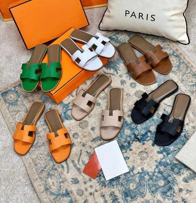 

2021 Fashion Sandals Genuine Leather H Women Slippers Summer luxury Flat Slides Ladies Beach Sandal Party Wedding Oran Slipper With Box, Color 37