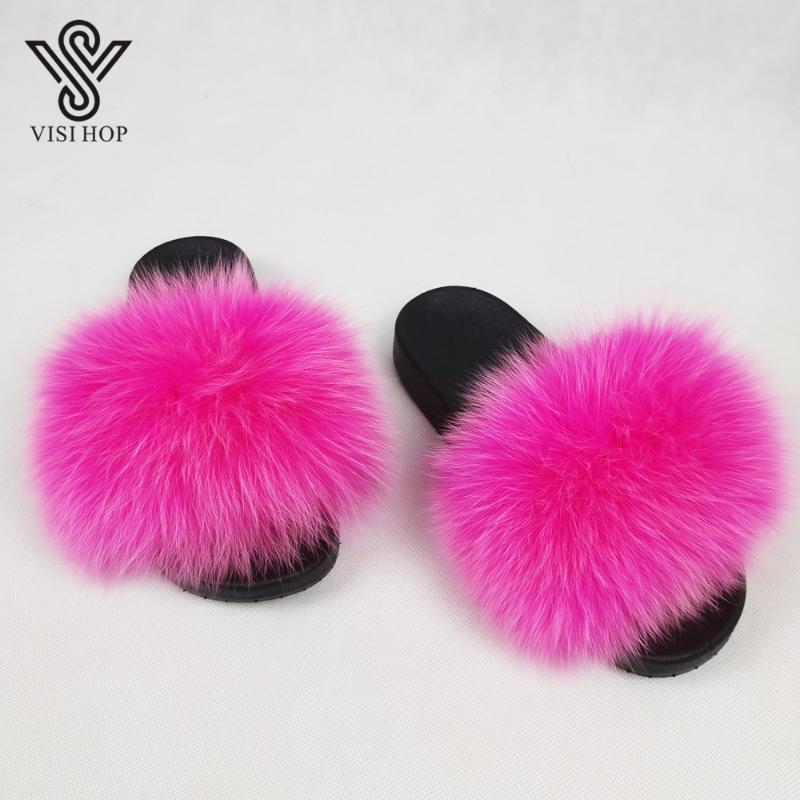 

Slippers 2021 Lady Fluffy Real Fur Women Fashion Colors Sliders Spring Autumn Slides Indoor Flat VS1007, Black