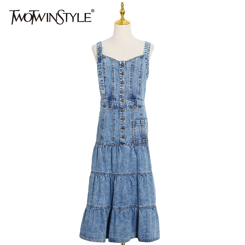 

Casual Denim Women Dress Square Collar Sleeveless High Waist Sling Midi Dresses Female Fashion Clothing 210520, Blue