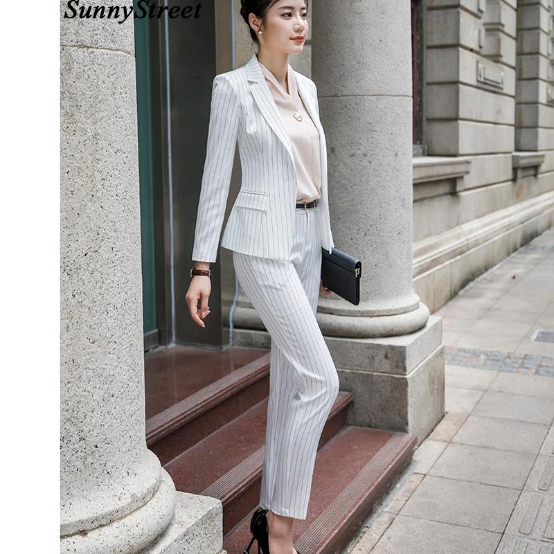 

Women' Suits & Blazers Women White Stripe Slim Pant Female Notch Suit Dress Lapel Business Office Tuxedos Jacket+Pants 2 Pieces Ladies