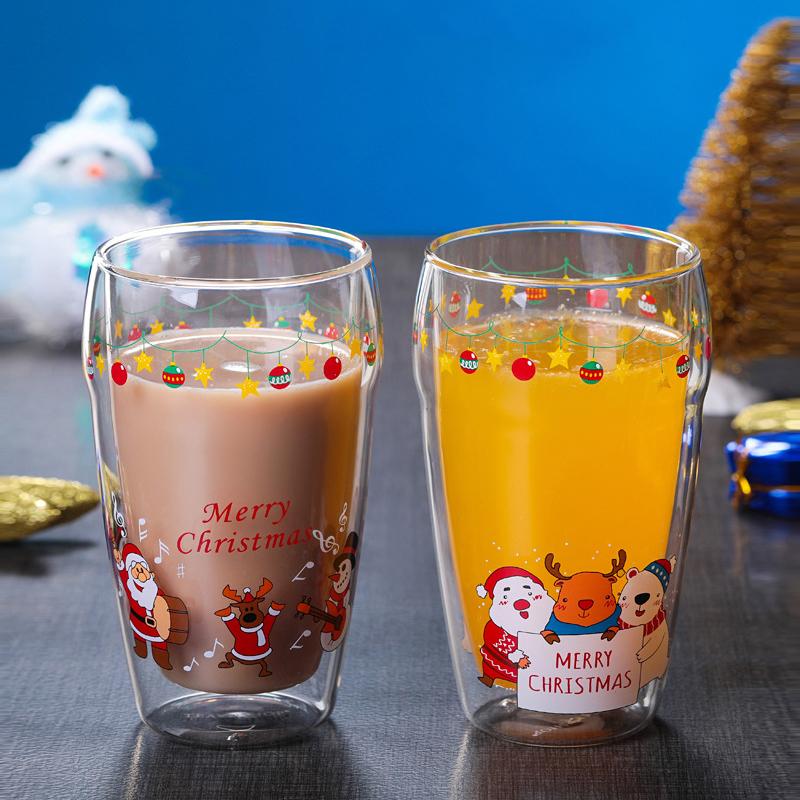 

Mugs 430ML Christmas Cartoon Double Glass Marker Modern Fashion Breakfast Milk Mug Couple Cute Juice Cup Heat Insulation, Christmas cup b