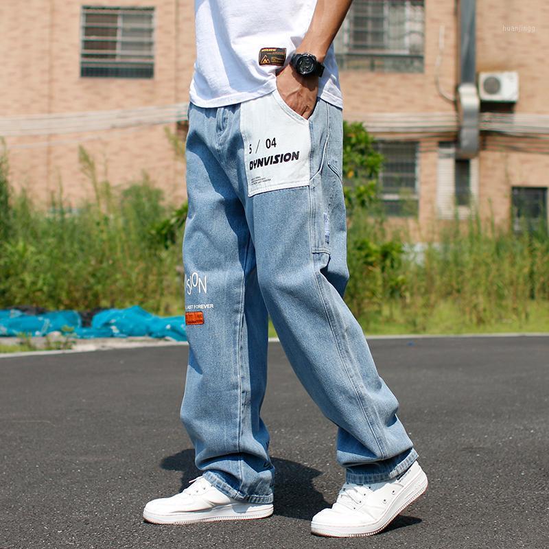 

Fashion Streetwear Men Jeans Loose Fit Printed Designer Denim Baggy Trousers Patch Pocket Hip Hop Wide Leg Cargo Pants Men's, Retro light blue