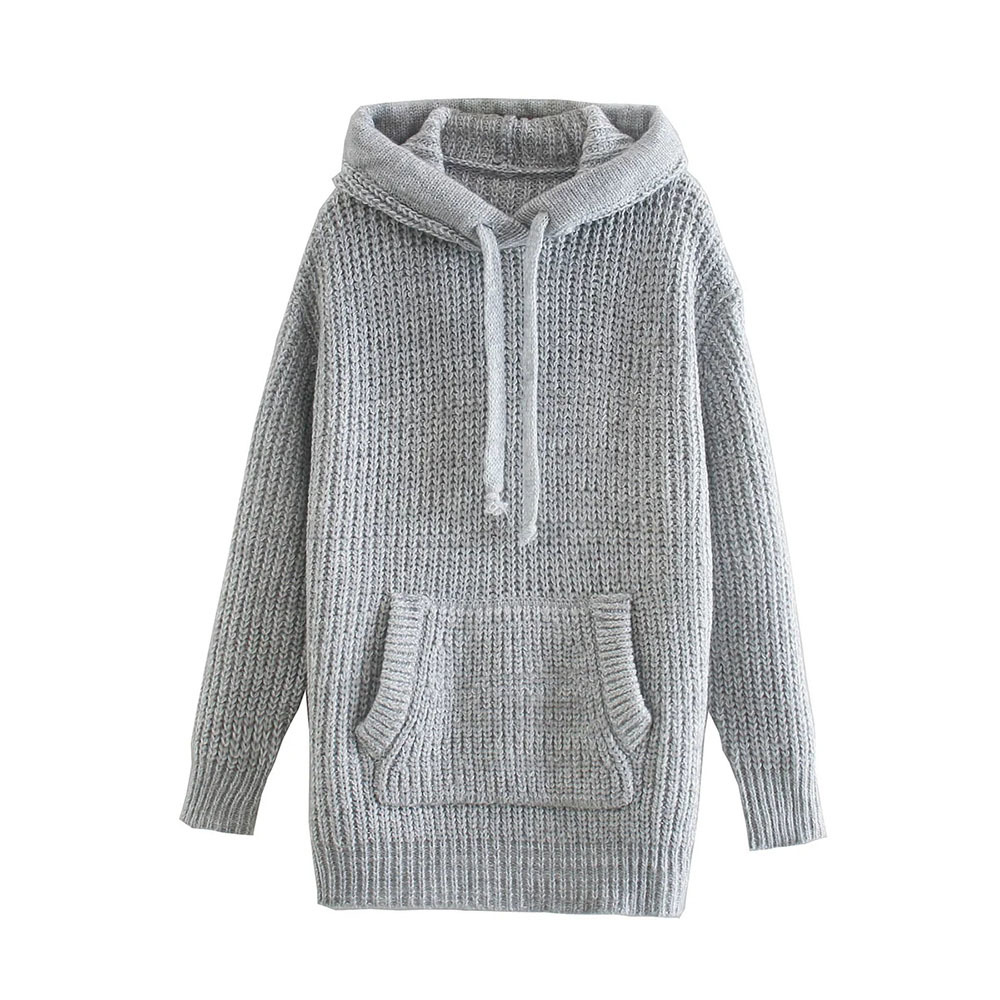 

Causal Women Solid Grey Sweaters Fashion Ladies Loose Knitted Hoodies Streetwear Female Chic Pocket Hooded Pullovers 210520, Gray
