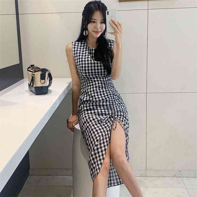 

korean elegant plaid maxi women dress tank sleeveless O-neck female sexy asymmetrical wrap dresses mid-calf length vestidos 210520, Check the color