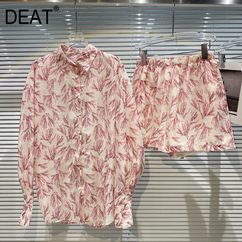 

Women Printing Shorts Arrivals Lapel Longsleeve Two Piece Set Temperament Fashion Spring Summer 11D479 210525, White powder