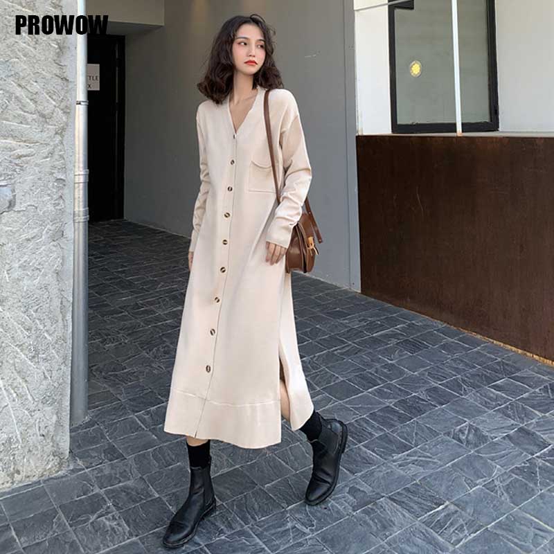 

one-piece knitted sweater dress 2021 autumn winter for women v-neck single breasted long sleeve split dress female loose dresses, Black;gray