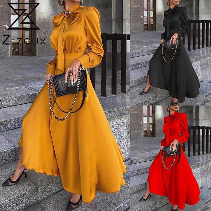 

z-zoux women dress temperament bow tie maxi dress long sleeve high waist large hem ladies dresses black red long dress autumn, Black;gray