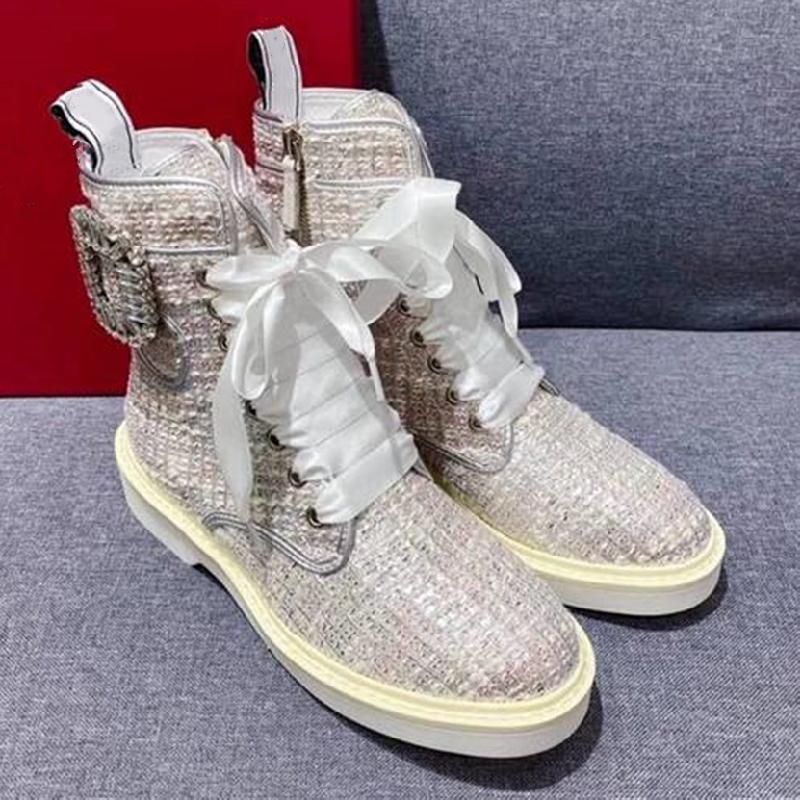 

Boots 2021 Women Ankle Genuine Leather Crystal Buckle Autumn Winter Round Toe Slip On Fashion Mixed Color Designer, Black