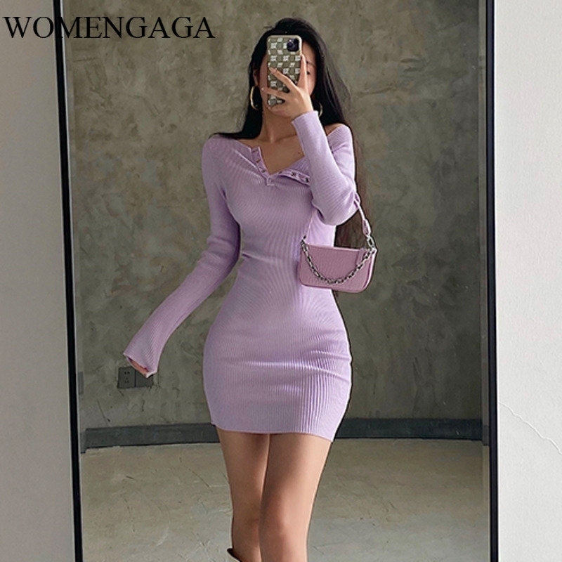 

WOMENGAGA Irregular Pencil Slimming Sexy Single-sided Off-shoulder Long-sleeved Hip Mini Knitting Dress P6L7 210603, Black