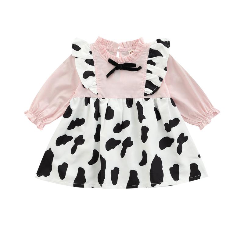 

Girl's Dresses Born Long Sleeve Ruffle Dress Baby Girls Cow Print Patchwork Round Neck Bow For Spring Autumn, As pic